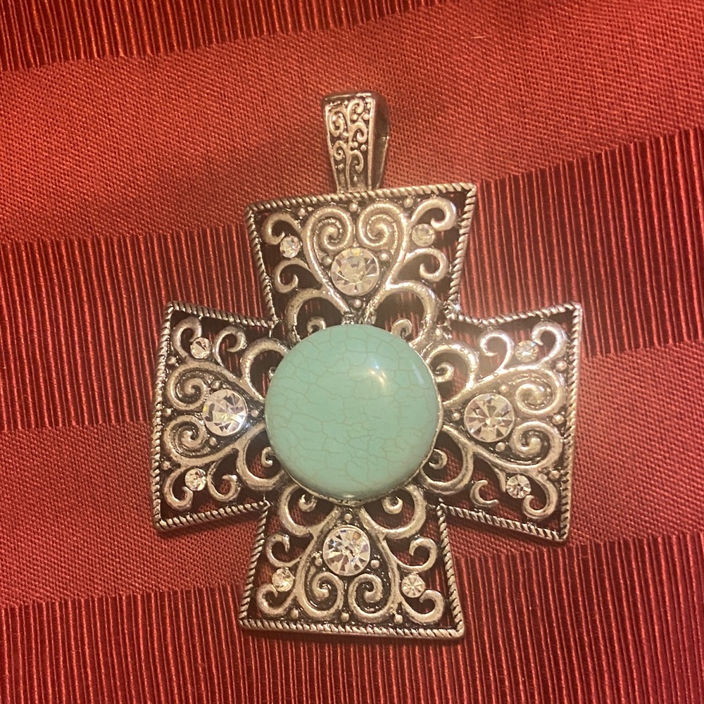Silver Cross Pendant Southwestern style with Turquoise-like Stone.